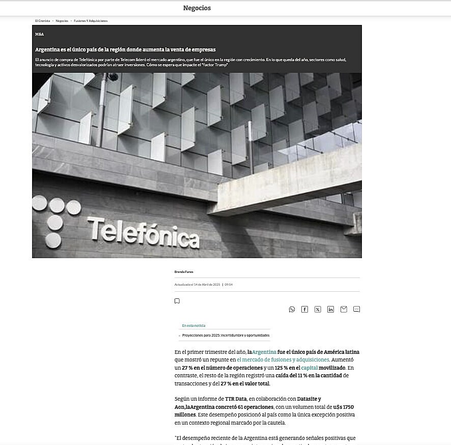 Argentina es el �nico pa�s de la regi�n donde aumenta la venta de empresas